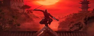 Key art for Assassin's Creed Shadows showing a feminine Assassin posing on the roof of a Japanese-styled building with the setting sun in the background.