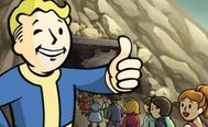 Vault Boy holding his thumb up as civilians enter the Fallout Shelter