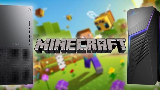 The Minecraft logo in front of a Minecraft character chasing a bee and PCs either side of it.