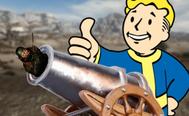 Fallout New Vegas’ courier inside a cannon while Vault Boy stands with his thumb up