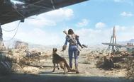 Fallout 4 player standing next to dog with wasteland in background