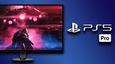 A black monitor with a red and blue Sci-Fi scene on the display next to PS5 Pro branding in white while sat in front of a gradient dark blue background.